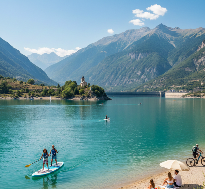 Vue panoramique du Lac de Serre-Ponçon avec des activités nautiques comme le paddle et la baignade, au pied de la Chapelle Saint-Michel et du barrage.